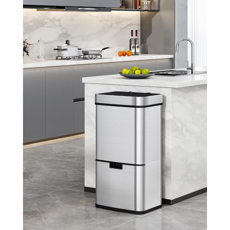 Poubelle de cuisine à capteur 72 L, poubelle automatique 3+1 compartiments, système de tri des déchets, couvercle à fermeture amortie, acier inoxydable, 30 sacs poubelle, argent (1/5)