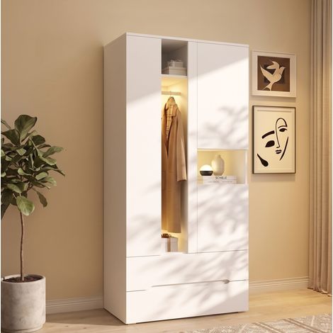 MODFU – Armoire 90x50x200 cm – LED – Penderie, 2 tiroirs, 6 étagères – 3 portes – 30/20 kg – Blanc (1/5)
