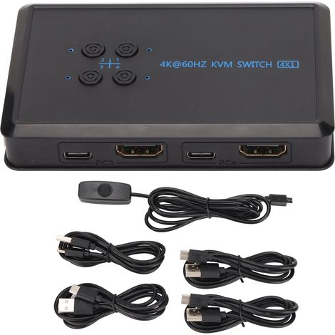 Commutateur KVM HDMI 4K 4x1 avec USB-C pour quatre ordinateurs, prise en charge de la souris et du clavier, UHD 4K à 60 Hz, avec 4 câbles Type-C et 3 ports USB 2.0. (1/5)