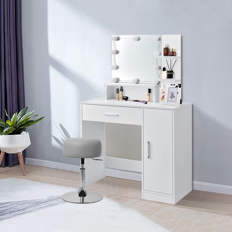 ML-Design Tocador con Taburete con Luz LED Espejo 1 Cajón 3 Compartimentos 90x38x137 cm Blanco Fabricado en Madera MDF Mesa de Peluquería Cómoda para Retoques de Maquillaje Belleza Gabinete Make Up (1/5)