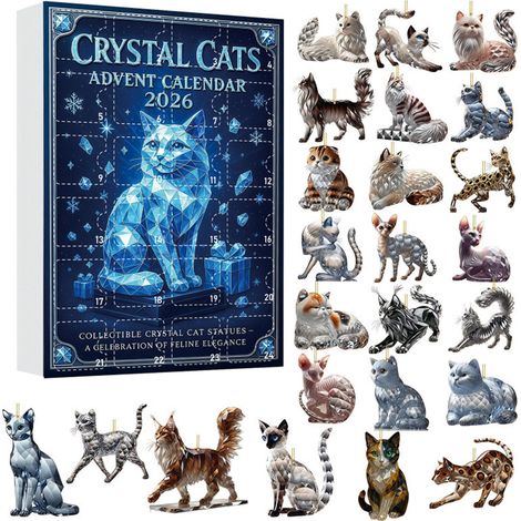 Adventskalender 2026 mit Katzenmotiven im Kristall-Stil, 24-teiliges Set aus 2D-Acryl-Hängedekorationen, sammelbare Katzen-Weihnachtsbaumkug (1/5)