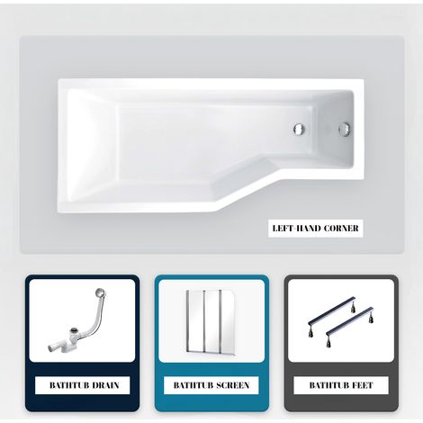 Asymmetrische Badewanne - 150 x 75 cm - Links - ohne Verkleidung - mit Füßen - 3-teilige Duschabtrennung - Ablaufgarnitur Chrom - INTEGRA (1/5)