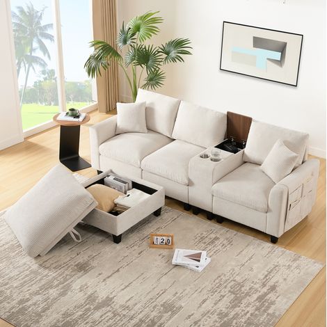 Beiges L-Ecksofa aus Cord mit Mittelkonsole, USB-Anschlüssen und 2 Becherhaltern OKMYHOME (1/5)