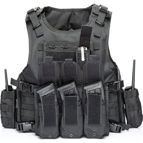 Gilet tactique ajustable noir – Nylon 900D résistant – Poches amovibles pour plaques balistiques – Taille S à XXL – Conçu pour interventions pro (1/5)