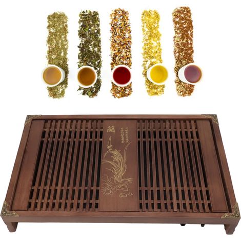 Kung-Fu-Teetablett mit Abtropfschale, Teetablett, Teetisch aus Massivholz mit Abfluss- und Wasserrückhaltesystem, hellschwarzes Orchideenmuster (1/5)