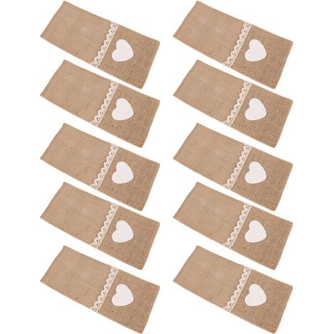 10-teiliger Besteckhalter aus Jute-Spitze, Messer- und Gabelhalter aus Jute, ideal für Hochzeits- und Weihnachtsfeiern. Einzigartige Farbe in Herzform.