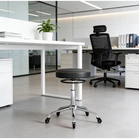 Tabouret de bureau réglable 46-58 cm en PU noir à roulettes pour télétravail - CHICFURN (1/5)