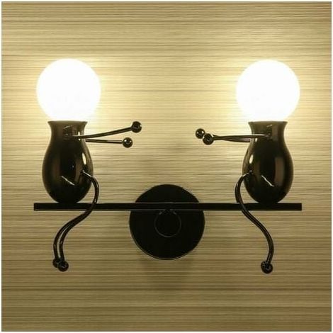 Applique da parete doppia piccola gente stretta di mano in ferro, semplice lampada da parete per bambola di moda 2 lampade da uomo per soggiorno camera da letto per bambini creativo - nero