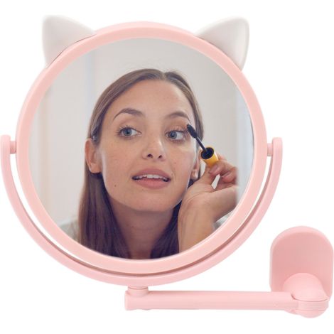 Schminkspiegel, wandmontierter Katzenohren-Make-up-Spiegel, Cartoon-Geschenkspiegel, kein Bohren erforderlich, einseitiger runder Badezimmerspiegel, rosa. (1/5)