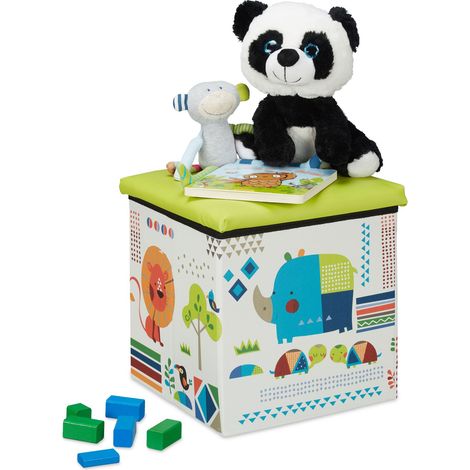 Relaxdays Sitzhocker Kinder, Tier-Design, Sitzbox faltbar, mit Stauraum, Sitzwürfel, HxBxT 31 x 31 x 31 cm, grün-weiß