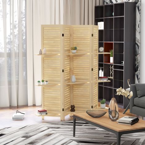 Rangement Paravent intérieur 4 panneaux 160L x 170H cm 3 étagères pliables séparateur de pièce portes persiennes - naturel