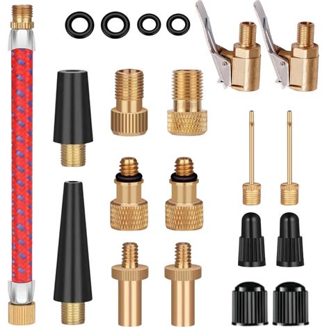 21 Pièces Adaptateur de valve, Kit réparation vélo, Laiton massif, Compatible pompe à air, Pour vélo route VTT voiture ballon (1/5)