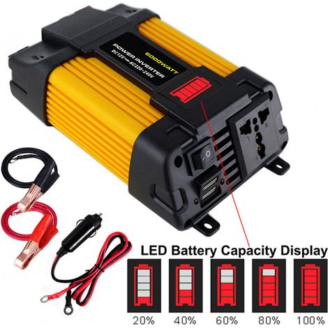 Onduleur Onde Sinusoïdale Modifiée Haute Fréquence 6000W Puissance Crête 12V CC vers 220V CA Convertisseur Chargeur Auto avec Double USB 2.1A Pinces Batterie Afficheur LED Capacité Batterie (1/3)
