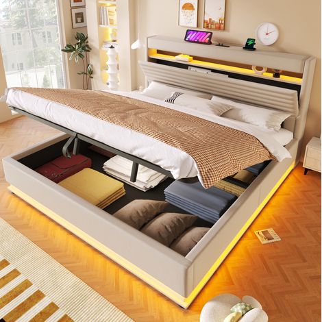 letto contenitore 180x200 con LED USB beige OKMYHOME