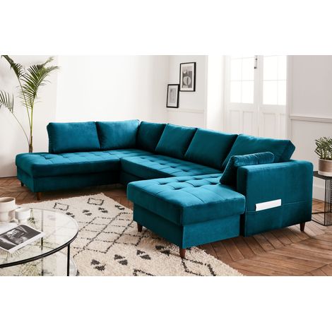 Anna – wohnlandschaft ecksofa – mit schlaffunktion und bettkasten – zeitgenössischer stil - entenblau