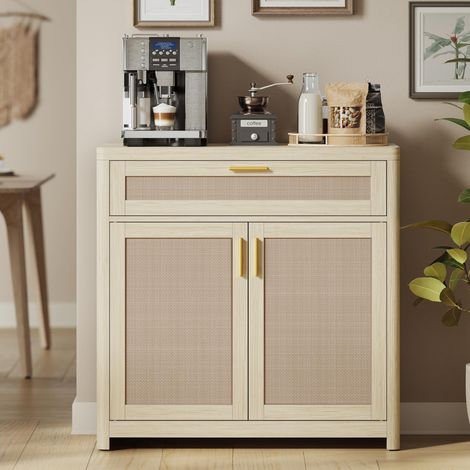Buffet de Style Bohème avec Portes Effet Cannage Rotin, Coins Arrondis, Étagère Réglable, Tiroir, pour Cuisine, Salle à Manger, Beige Naturel, 38D x 80W x 80H cm (1/5)