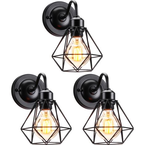 3 Stücke Vintage Wandlampe Innen Wandleuchte Metall Käfig Wandspot Schwarz Ø15,5cm für Café Restaurant Schlafzimmer