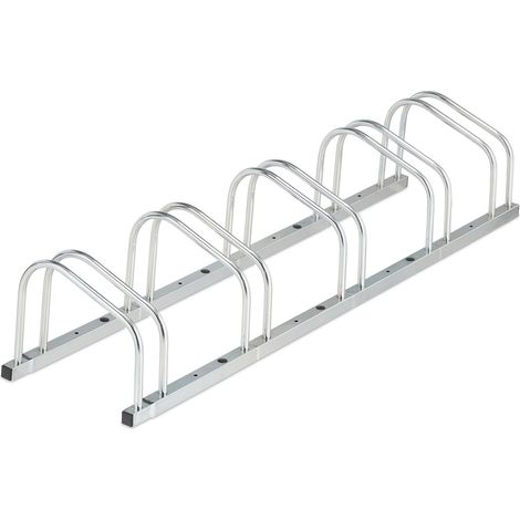 Relaxdays Floor Bike Rack, for 5 Bicycles, Wheel Width up to 50 mm, Metal, Outdoor Parking Stand, Garage, Steel, Silver
