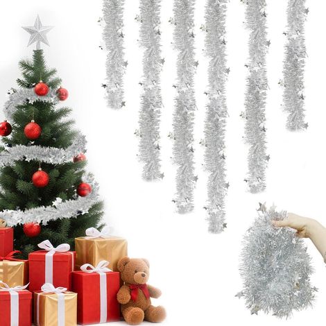 Weihnachtsgirlande Lametta mit Sternen, 6er Set, 3m, Silber