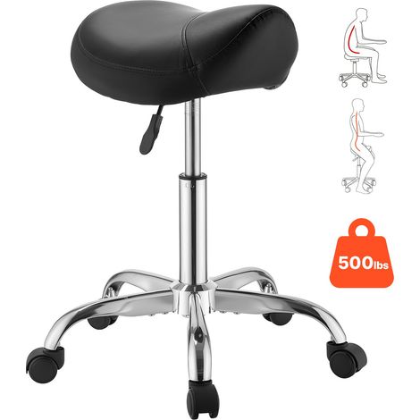 Tabouret Selle de Cheval, Charge 226,8 kg, Tabouret de Travail à Roulettes Pivotant à 360°, Hauteur Réglable, Assise Ergonomique en Cuir PU, pour Bureau, Coiffeur, Spa, Bar, Massage, Salon, Noir (1/5)