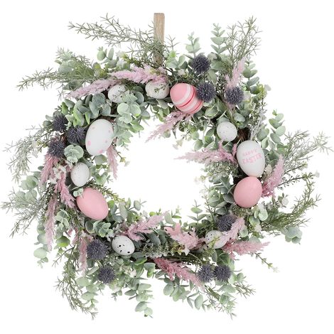 Künstlicher Osterkranz (50 cm) mit farbigem Steckschaum und Leineneiern für Haustür und Kamin – Frühlingsdekoration (1/2)