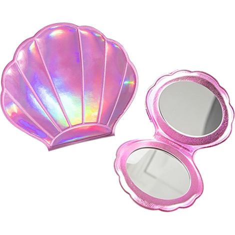 Miroirs à main,Un miroir de maquillage pliable en forme de coquillage rose, format de poche portable, miroir double face avec grossissement x2, pratique pour les retouches en déplacement (1/5)