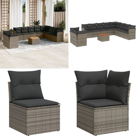 11-tlg. Garten-Sofagarnitur mit Kissen Grau Poly Rattan - Gartenmöbel Set - Esszimmergarnitur - Outdoor Möbel - Lounge Sofa - Rattan Gartenmöbel - Home & Living (1/5)