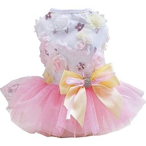 1 robe pour chien, en polyester, motif pois et fleurs, dentelle, avec nœud papillon, pour petits chiens et chats (1/5)