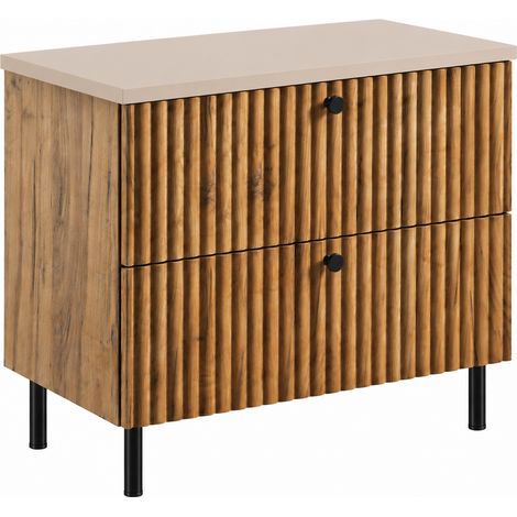Meuble sous-vasque sur pieds 80 cm, 2 tiroirs, avec plan de travail, Chêne craft doré / Plan cachemire, pieds noirs, 80 x 44,4 x 73,6 cm (1/5)