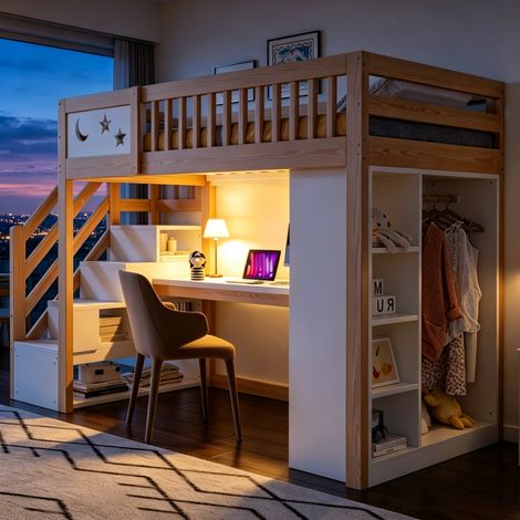 Letto a soppalco per bambini 90x200 in legno bianco/naturale con contenitori FloraGrace (1/5)