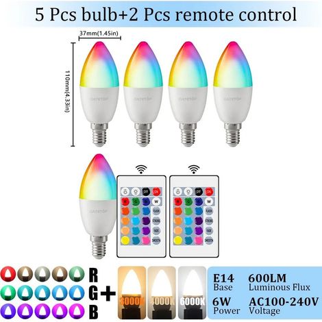 Lampes de croissance pour plantes Ampoule LED E14 (RGB 4000K, lot de 5, AC 100-240V) avec télécommande 24 touches, intensité variable, 6W et changement de couleurs, idéale pour chambre ou salon. (1/5)