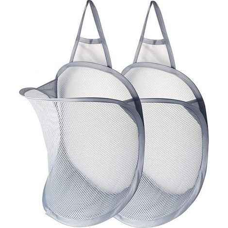 Panier à linge suspendu pliable en maille – Lot de 2 sacs de rangement mural gris, lavable et gain de place (1/4)