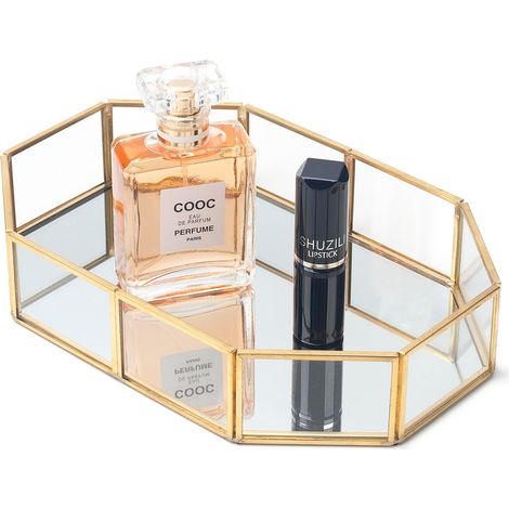 JSSEVN - Gold mirror perfume organizer, makeup tray for dressing table, chest of drawers, bathroom counter (20 x 14.2 x 4.5 cm) (1/5)