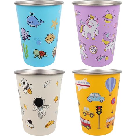Set of 4 Stainless Steel Kids Tumblers, 350ml Stainless Steel Kids Cup, Reusable Cup with Storage Bag for Boys and Girls for School, Home, Outdoor (4 Colors) (1/5)