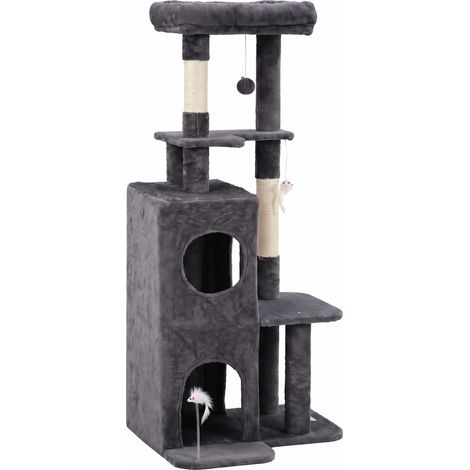PawHut Albero per Gatti Alto 132 cm con Casetta a 2 Livelli, Grigio Scuro (1/5)