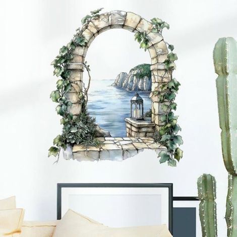Adesivo murale con piante per finestre e porte, decorazione per la camera da letto con vista mare per il soggiorno. (1/4)