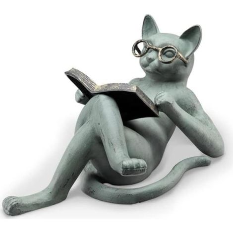 Kunstharzfigur einer lesenden Katze im Liegen, 18 x 5 x 8 cm