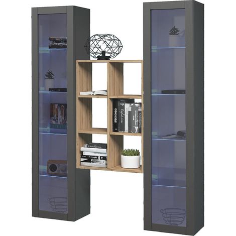 Vitrine Fulvio, Meuble Présentoir 12 Étagères, 16 Compartiments Fabriqué en Italie, 30x40x180h cm Noir Anthracite (1/5)
