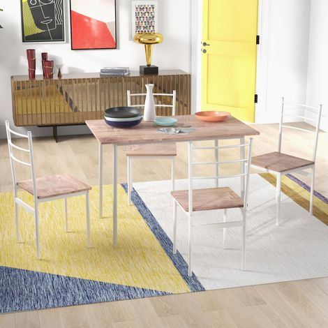 Conjunto de Comedor 5 Piezas Juego de 1 Mesa y 4 Sillas con Pies Acero para Cocina 110x70x75 cm Madera Natural y Blanco (1/5)