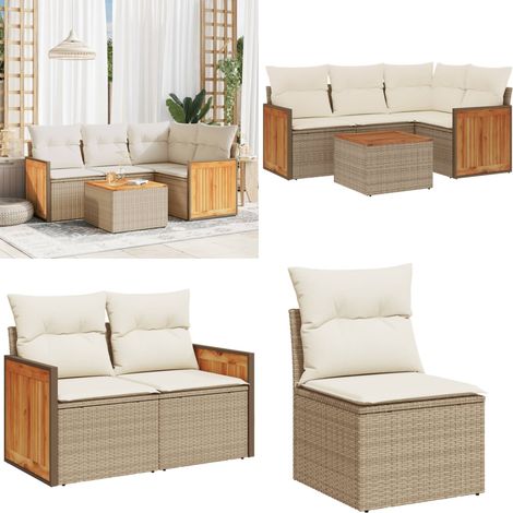 5-tlg. Garten-Sofagarnitur mit Kissen Beige Poly Rattan - Gartenmöbel - Sofasatz - Rattan Möbel - Outdoor Möbel - Lounge Set - Home & Living (1/5)