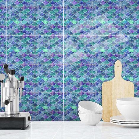 6 pièces carreaux éblouissants en écailles de poisson bleu (15 x 15 cm) – Autocollant pour carrelage de cuisine, salon, salle de bain et décoration intérieure PVC (1/5)
