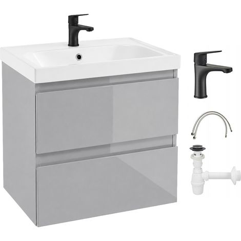 Mueble de ba帽o suspendido con lavabo y grifo negro, gris brillante, 60 cm Diamente (1/5)