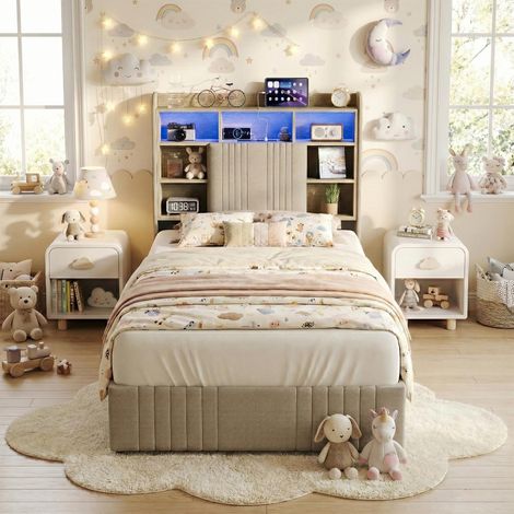 Cama individual 90x200 cm con cajones, 4 cajones de almacenamiento - Canapé de láminas de madera, LED Integrado y Puertos USB - Lino, Beige