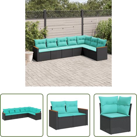 Gartenmöbel - 7-teiliges Gartensofa-Set mit Kissen, schwarzes Polyrattan (1/5)