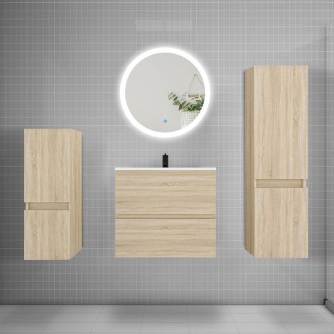 Ensemble meuble vasque L.60cm 2 tiroirs + lavabo + LED miroir 60cm + 2colonne,chêne