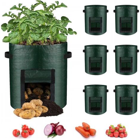 Lot de 6 sacs de culture verts (25 x 22 cm) pour pommes de terre avec fenêtre rabattable et poignée pour légumes (1/5)