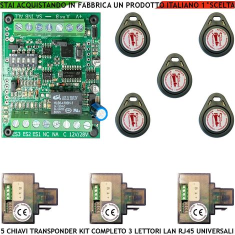 Chiave di Prossimità Tre Lettori su Modulo LAN Universale 501/503 RJ45 5 Chiavi TAG Trasponder Alimentazione 12/24 Vac Relè Scambio 2 A a 24 V Funzione Impulsiva o Stabile Segnale di Stato 4 Led GRVB (1/4)