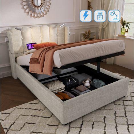 Letto contenitore singolo 90x200 cm, con vano idraulico e luce lettura USB, in tessuto naturale, senza materasso (1/5)
