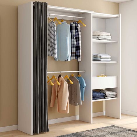 MARTY 120/170 x 50 x 180 cm blanco y gris armario extensible con cortina + doble espacio para colgar + estantes