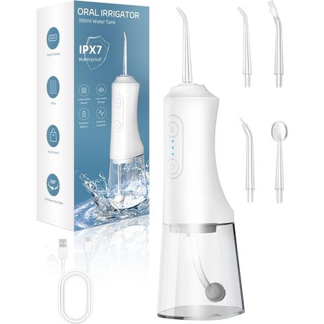Zahnseide, Zähne, 280 ml IPX7 wasserdichter Mundspüler, 3 Modi, 4 austauschbare Düsenaufsätze, reisefreundlich, Gingival Pro Dental Cleansing Choice (weiß) (1/4)